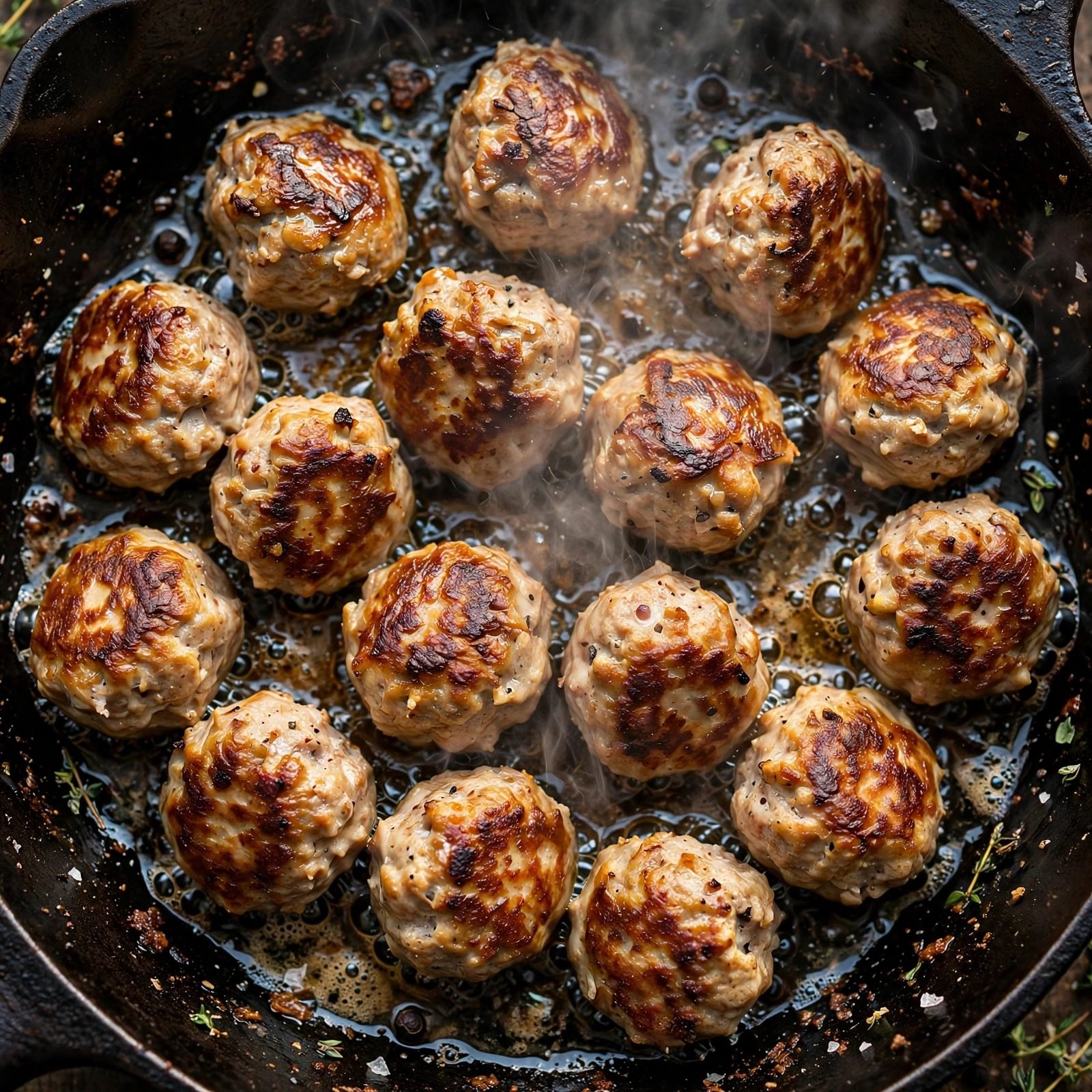 Small meatballs browning in a single layer in a hot skillet