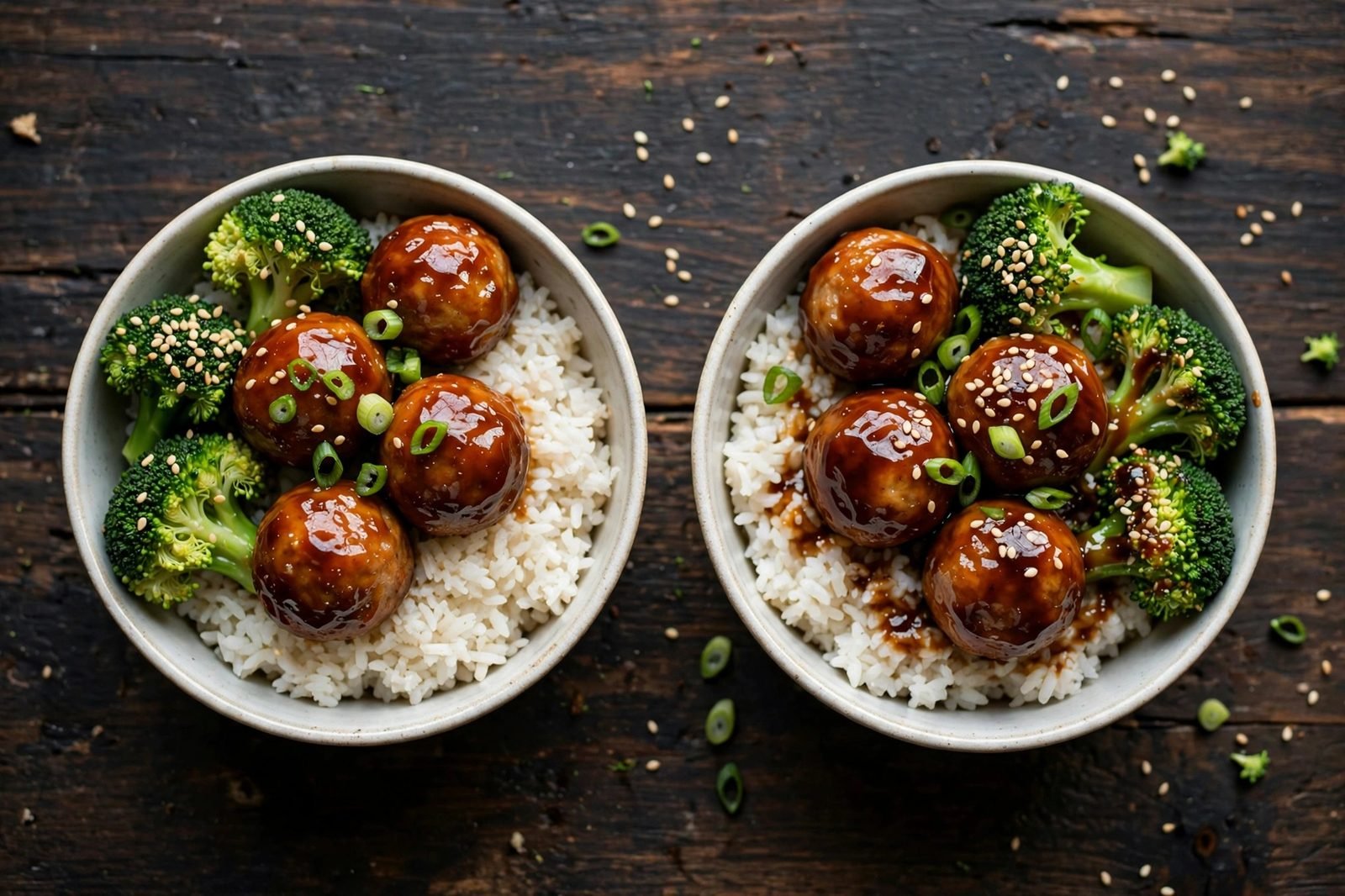 Two bowls of rice topped with glazed meatballs and broccoli, sesame and green onions