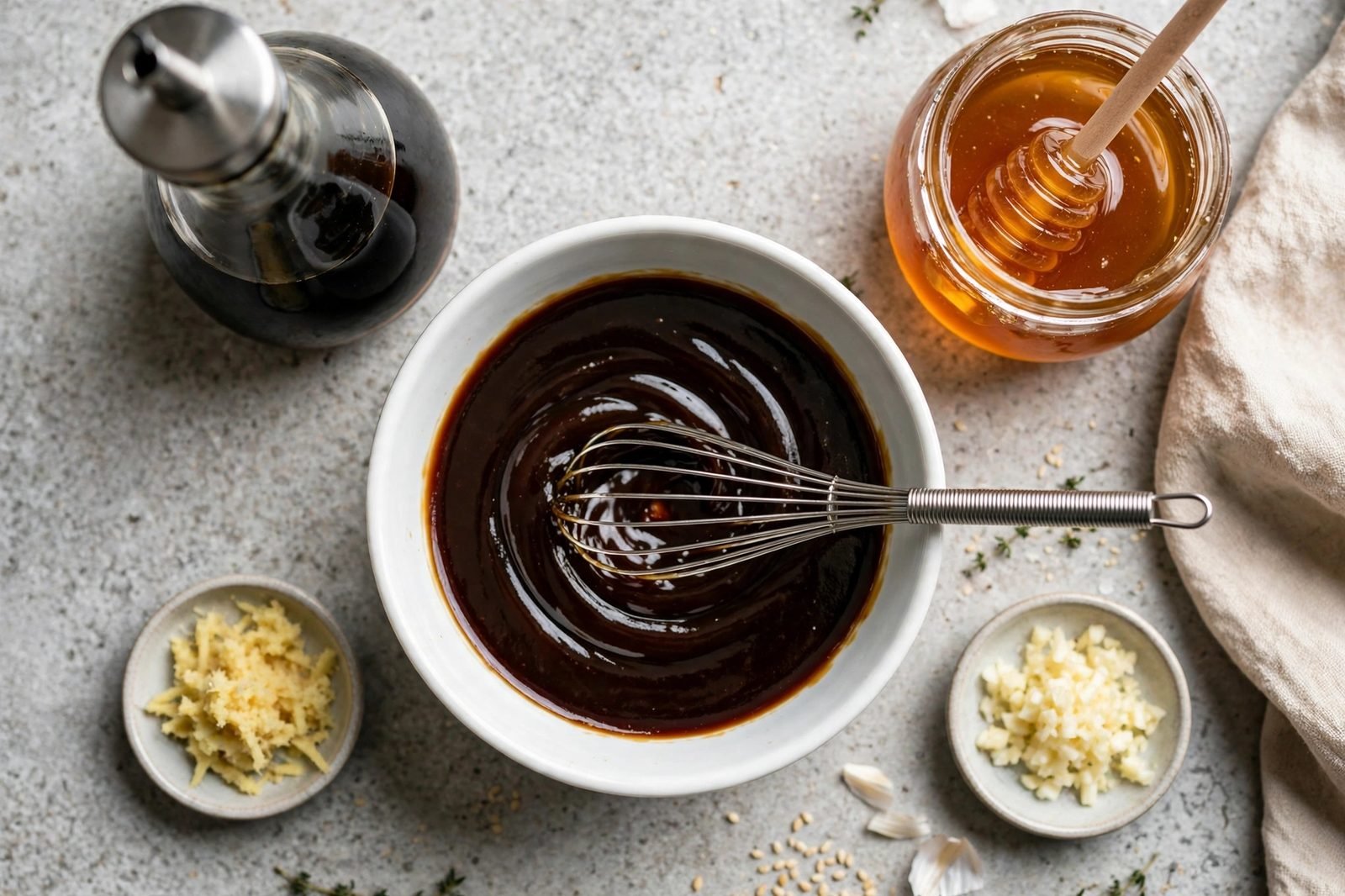 Glossy teriyaki glaze ingredients whisked in a small bowl
