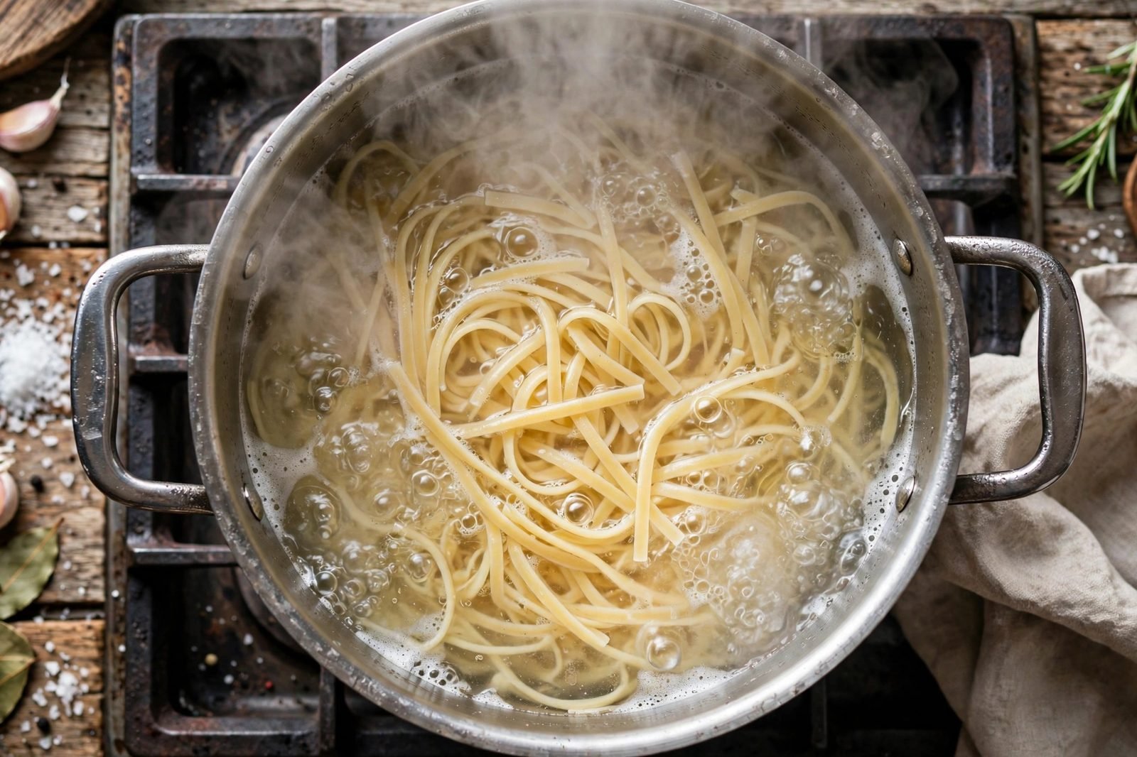 Linguine boiling in a large pot of salted water