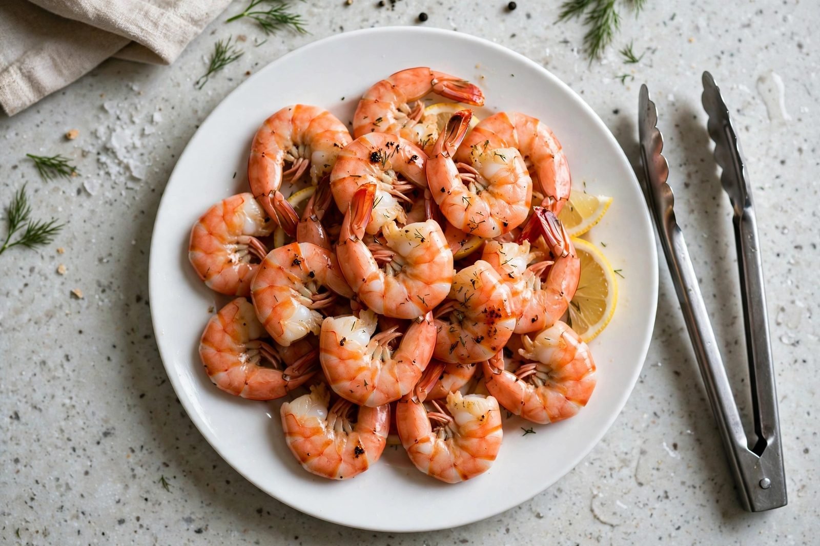 Cooked pink shrimp piled on a plate