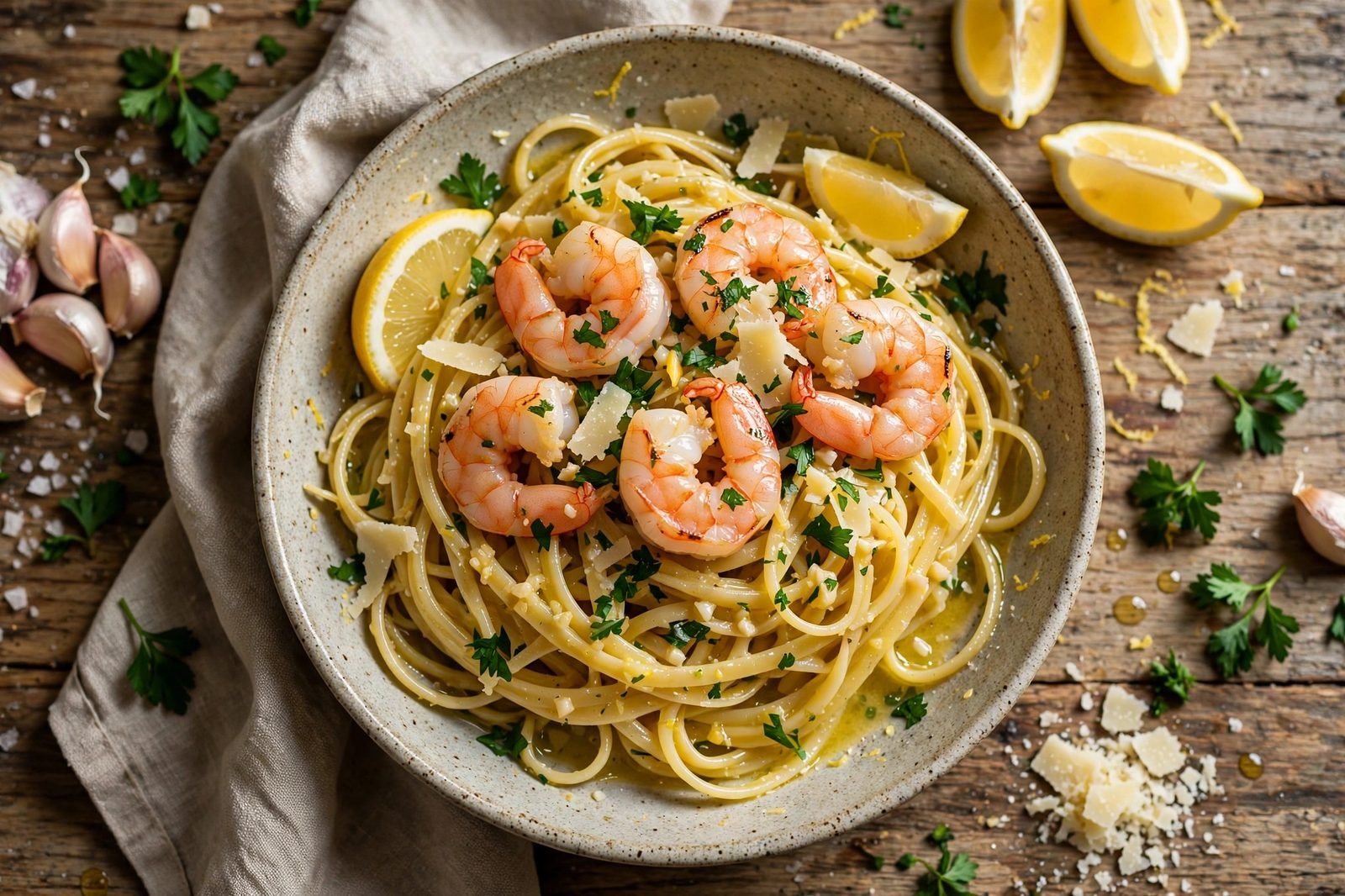 Bowl of lemon garlic butter shrimp pasta with parsley, Parmesan, and lemon wedges