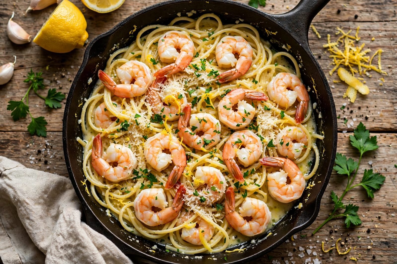 Shrimp pasta finished with Parmesan, parsley, and lemon zest in the skillet