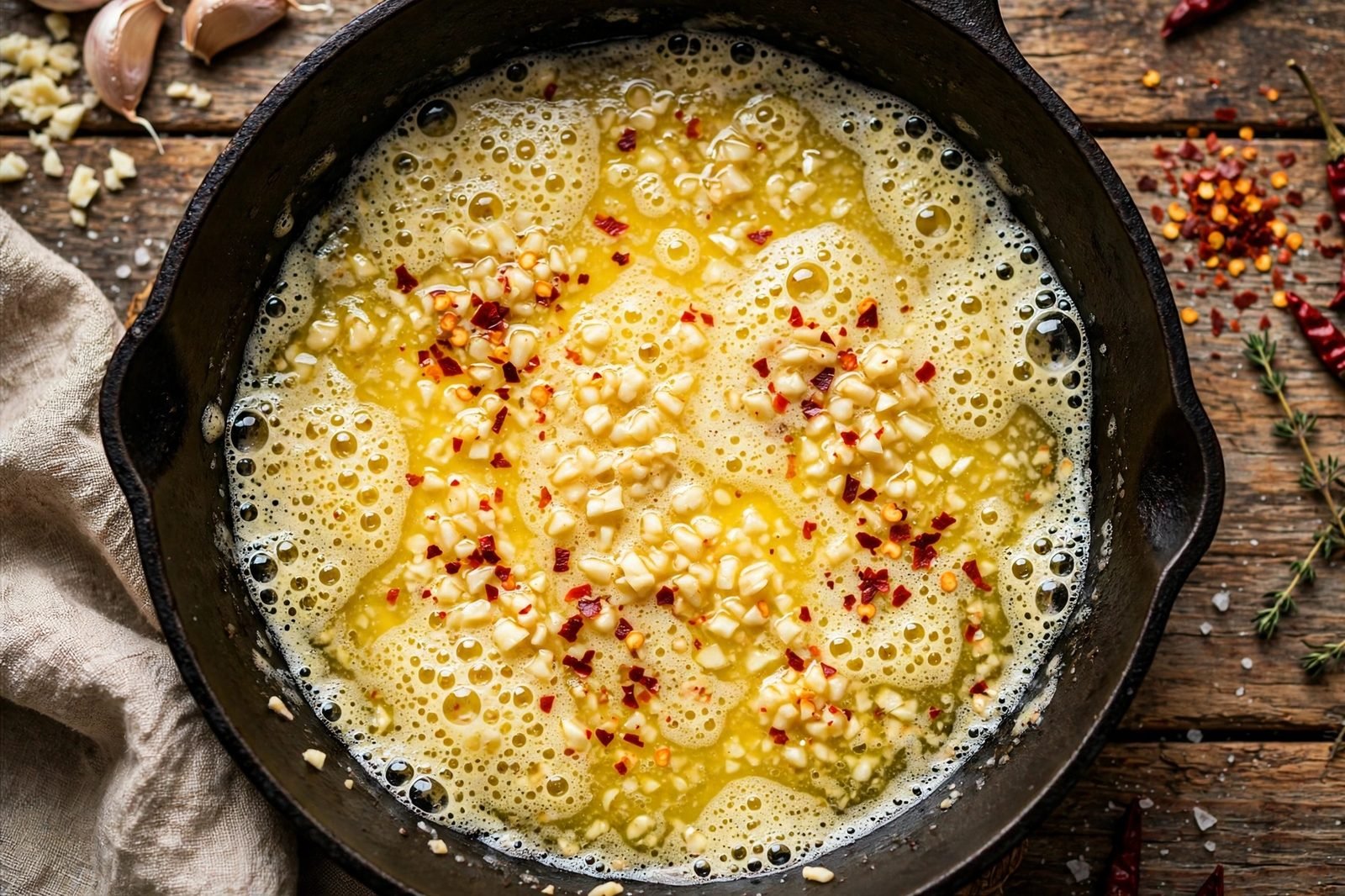 Butter melting with garlic and red pepper flakes in a skillet