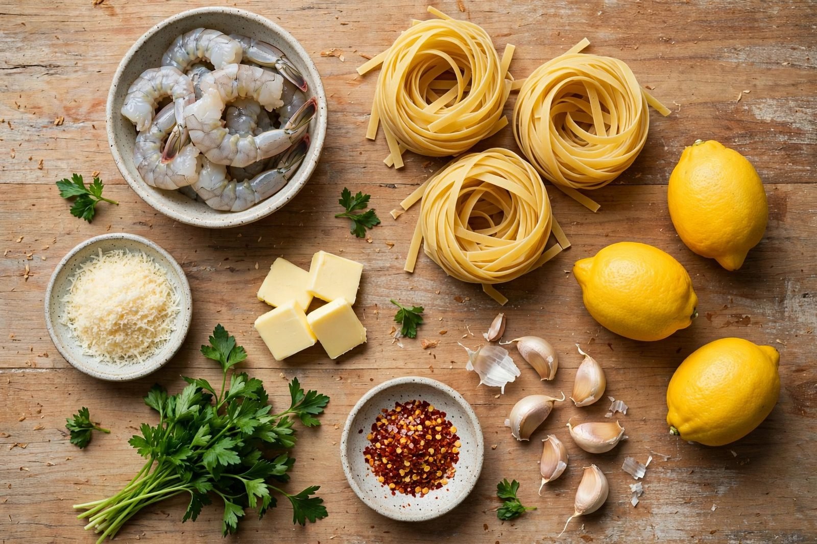 Ingredients for lemon garlic butter shrimp pasta arranged on a kitchen counter