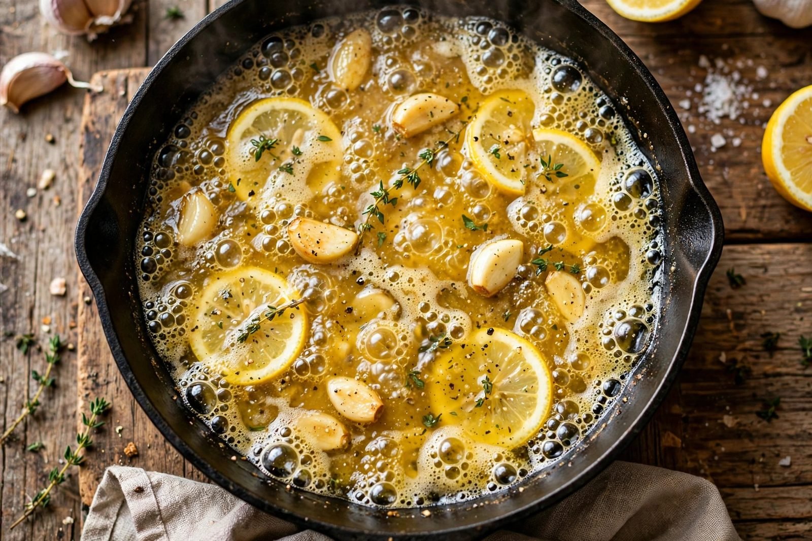 Lemon garlic butter sauce simmering in a skillet