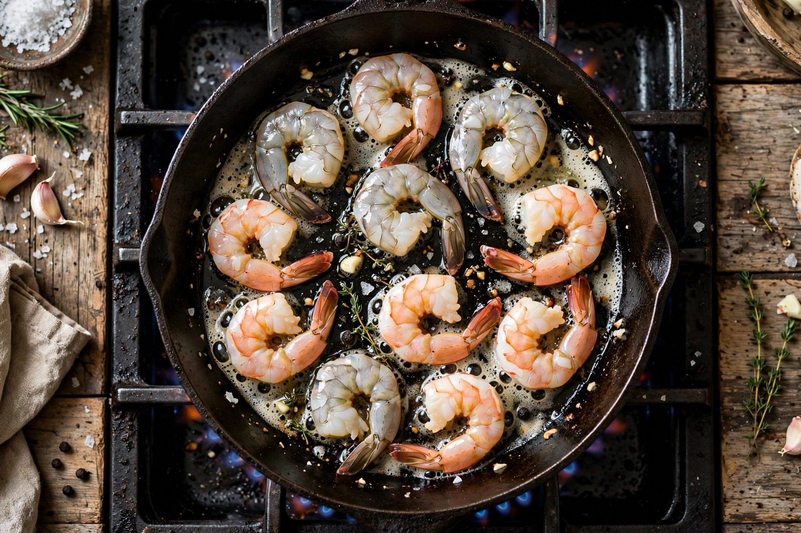 Shrimp searing in a single layer in a hot skillet