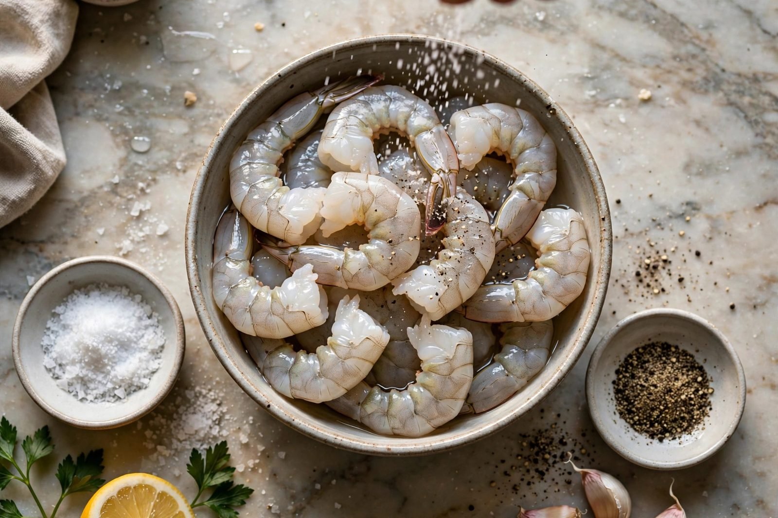 Raw shrimp in a bowl seasoned with salt and pepper