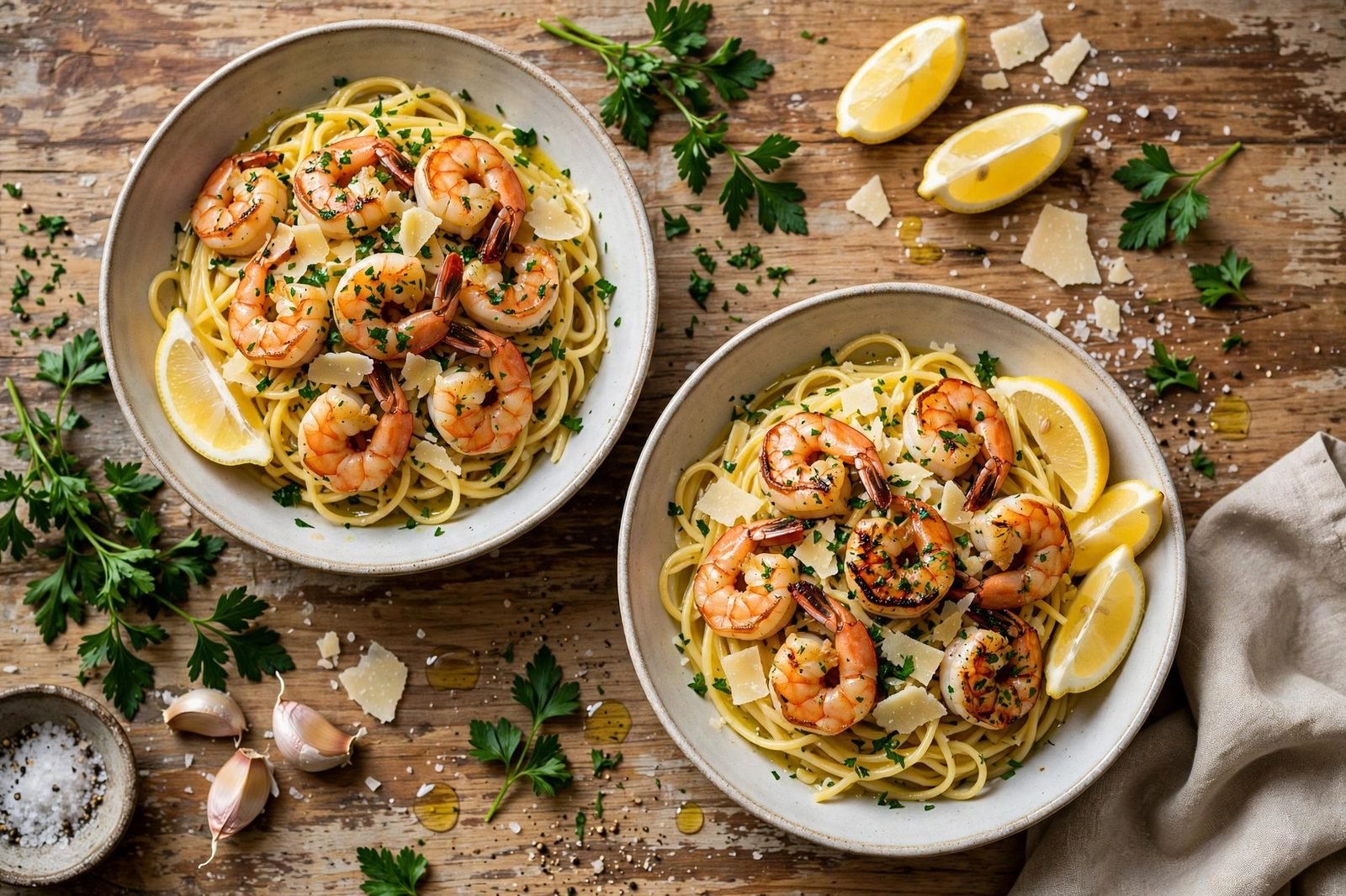 Two bowls of lemon garlic butter shrimp pasta with lemon wedges