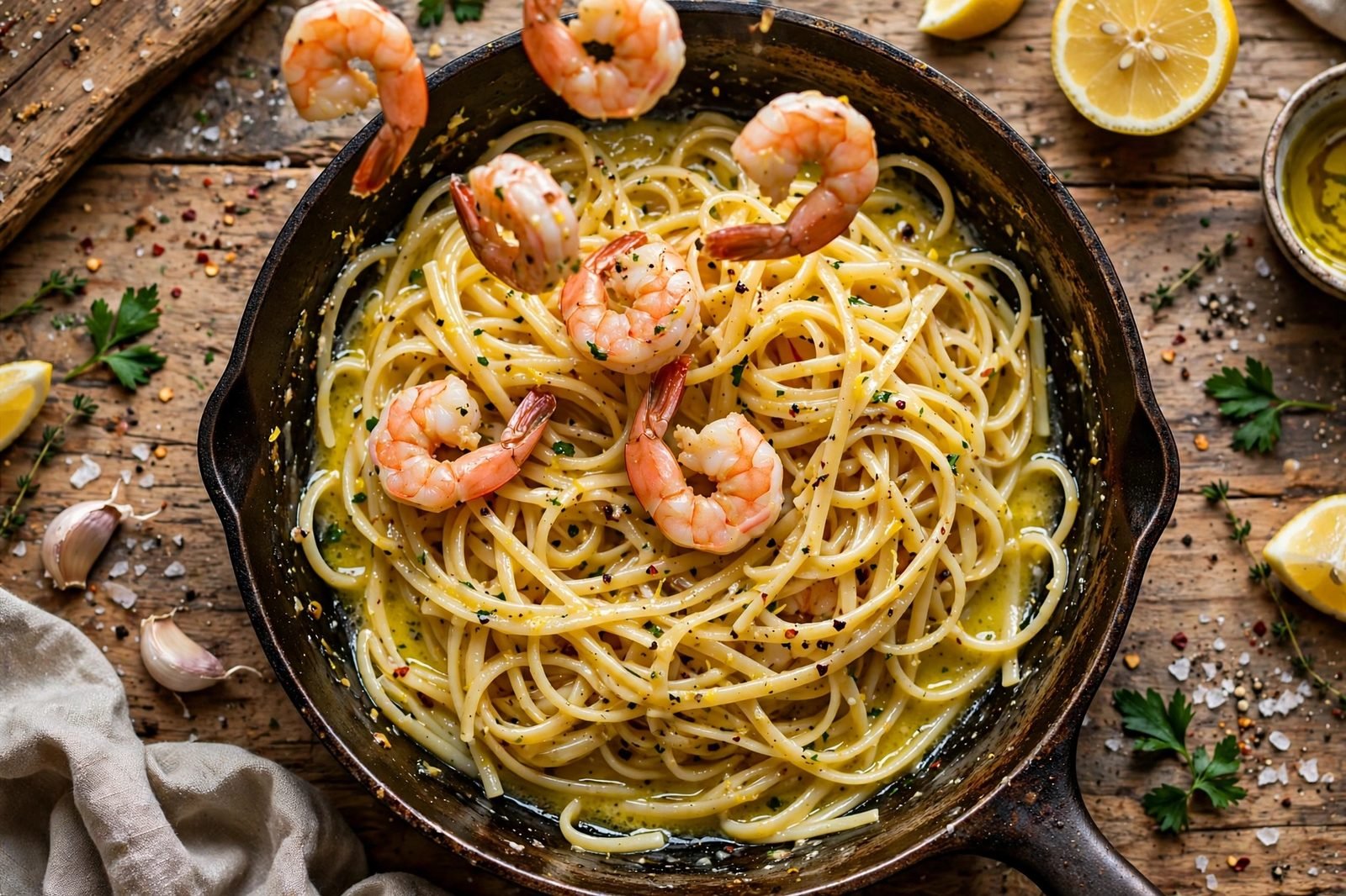 Cooked shrimp tossed back into the skillet with the pasta