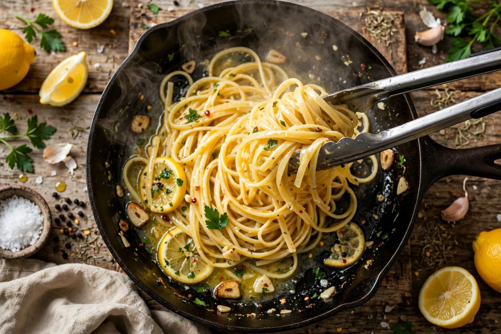 Linguine being tossed in lemon garlic butter sauce with tongs