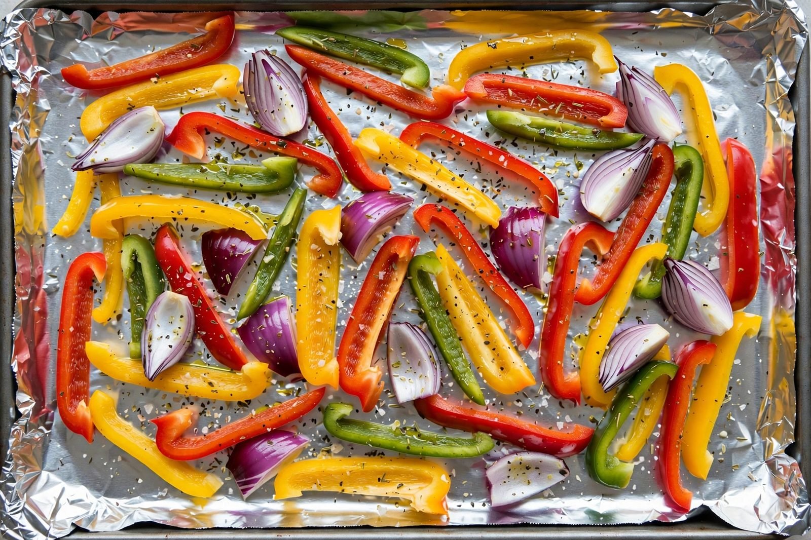 Seasoned peppers and onion arranged in a single layer on a sheet pan