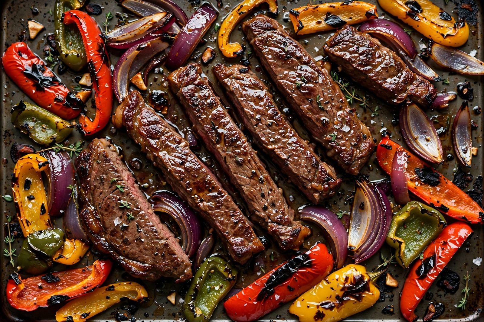 Close-up of roasted steak strips with charred peppers and onion on the sheet pan