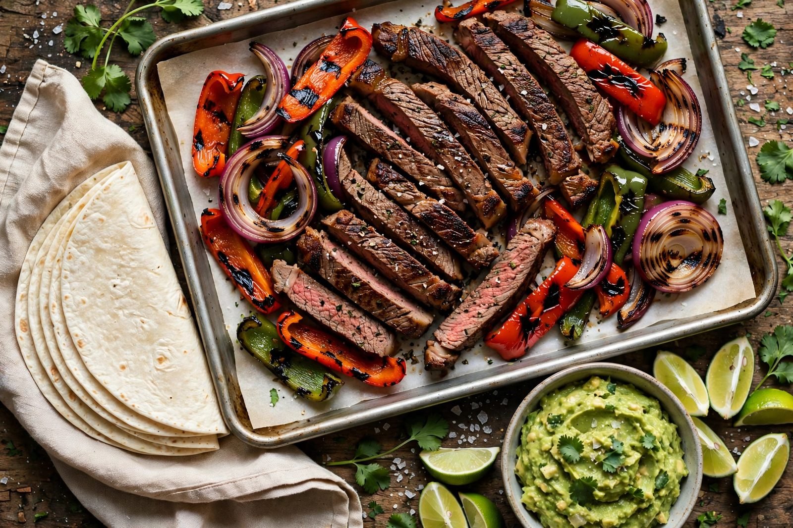 Sheet pan of sliced steak strips with charred bell peppers and red onion, with warm tortillas, lime, and cilantro