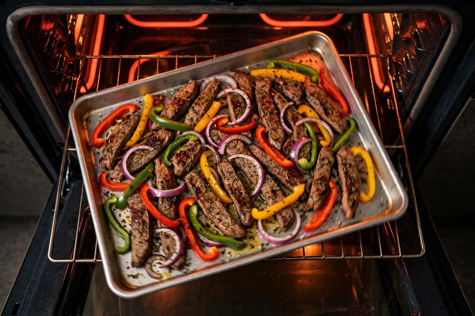 Sheet pan of steak and vegetables going into a hot oven