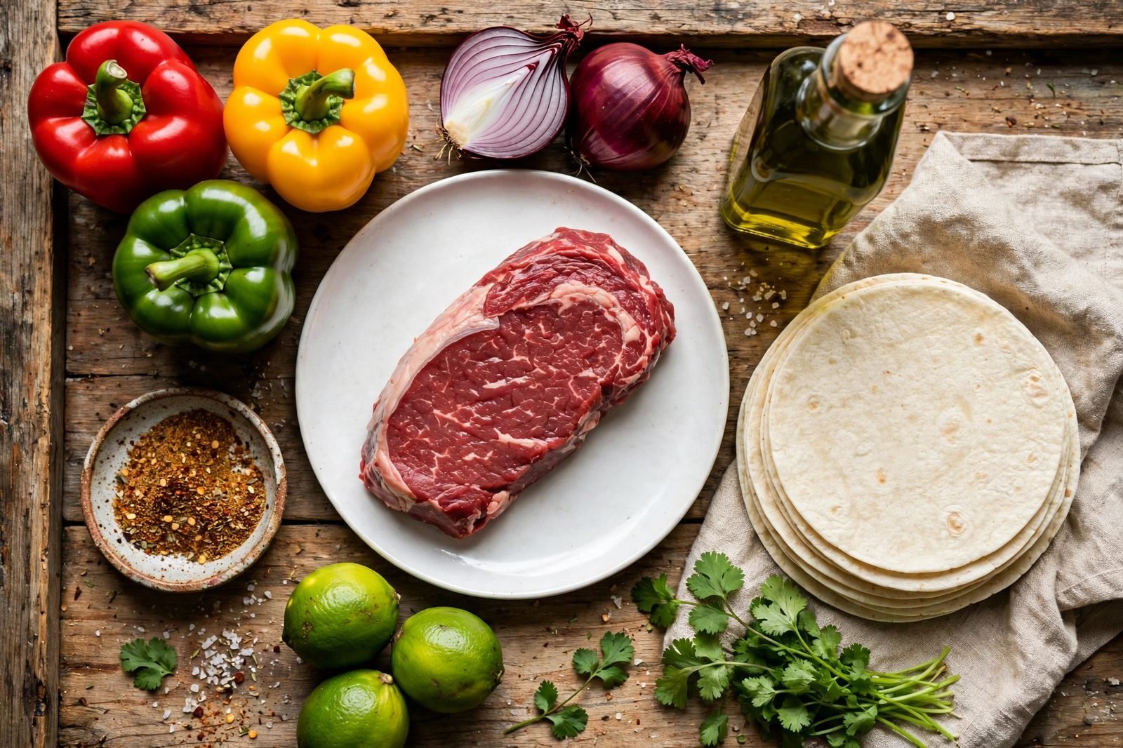 Ingredients for sheet pan steak fajitas arranged on a kitchen counter