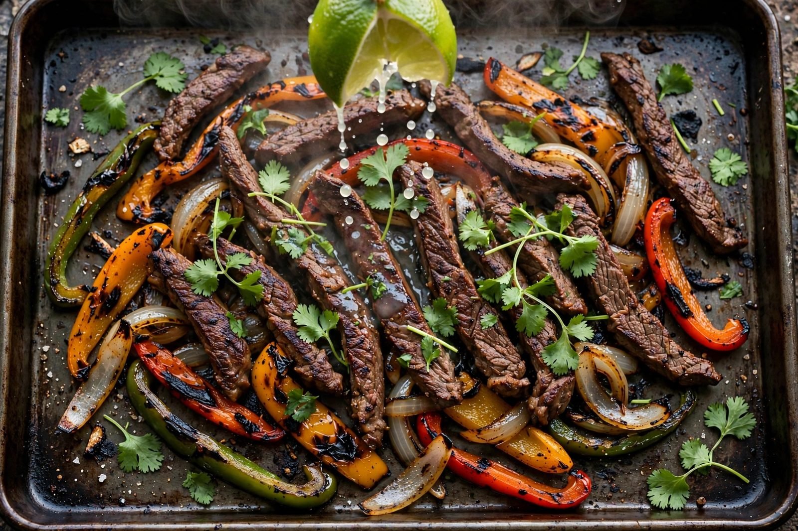 Lime being squeezed over hot sheet pan steak fajitas