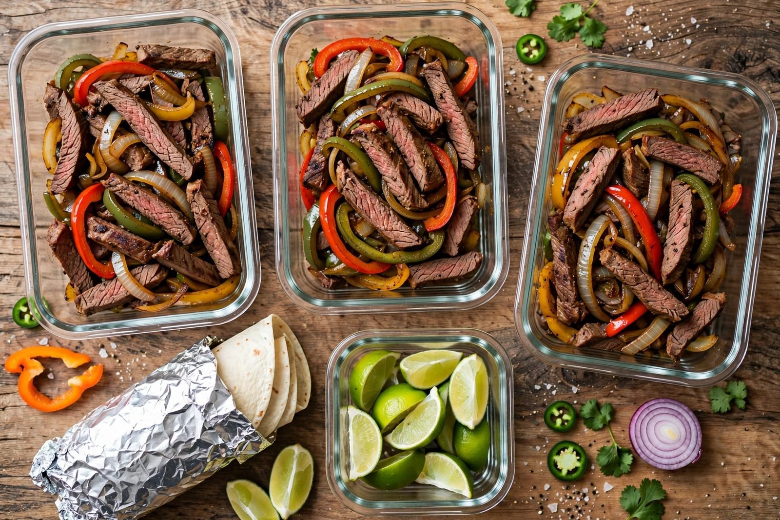 Glass meal-prep containers of steak and vegetables with tortillas and lime