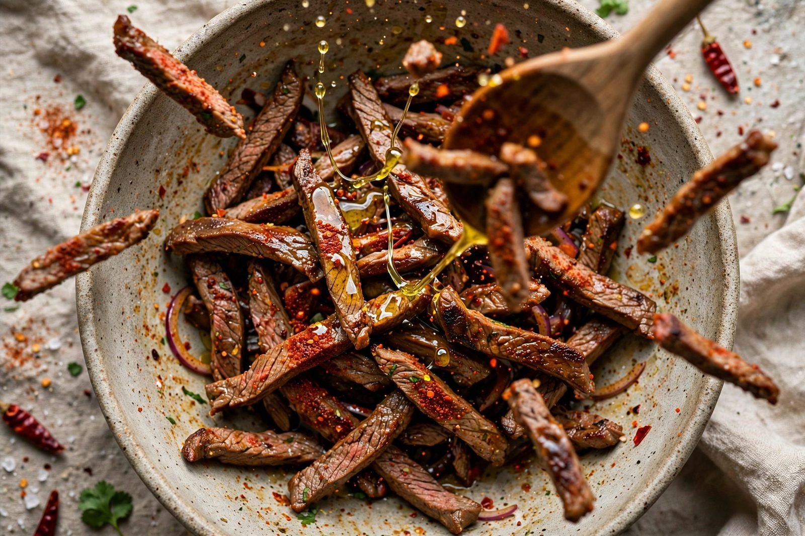 Steak strips tossed with olive oil and fajita seasoning in a bowl
