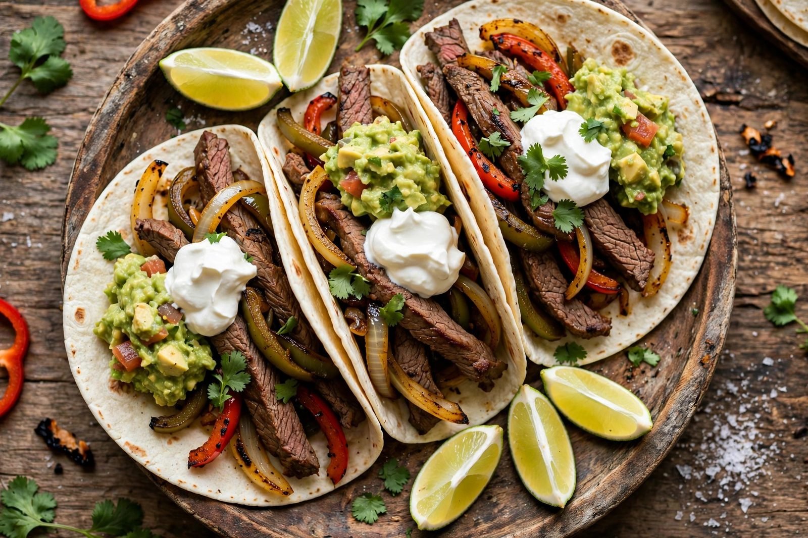 Assembled steak fajitas in warm tortillas with sour cream, guacamole, cilantro, and lime