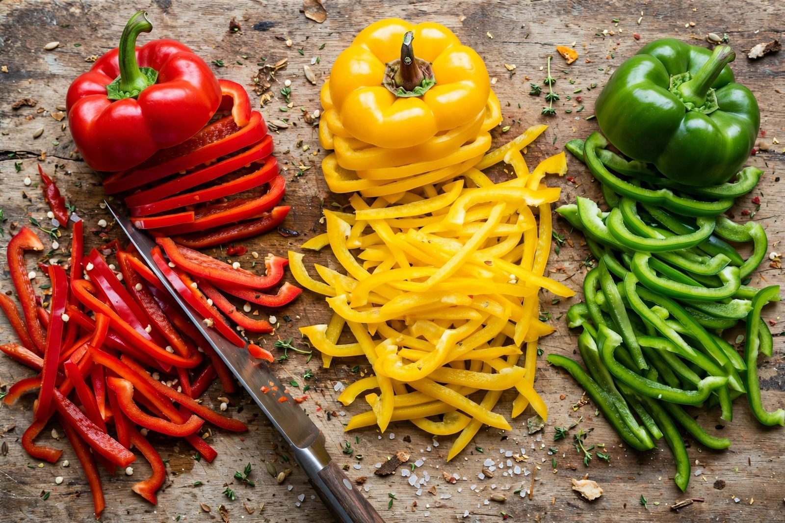 Bell peppers being sliced into strips on a cutting board