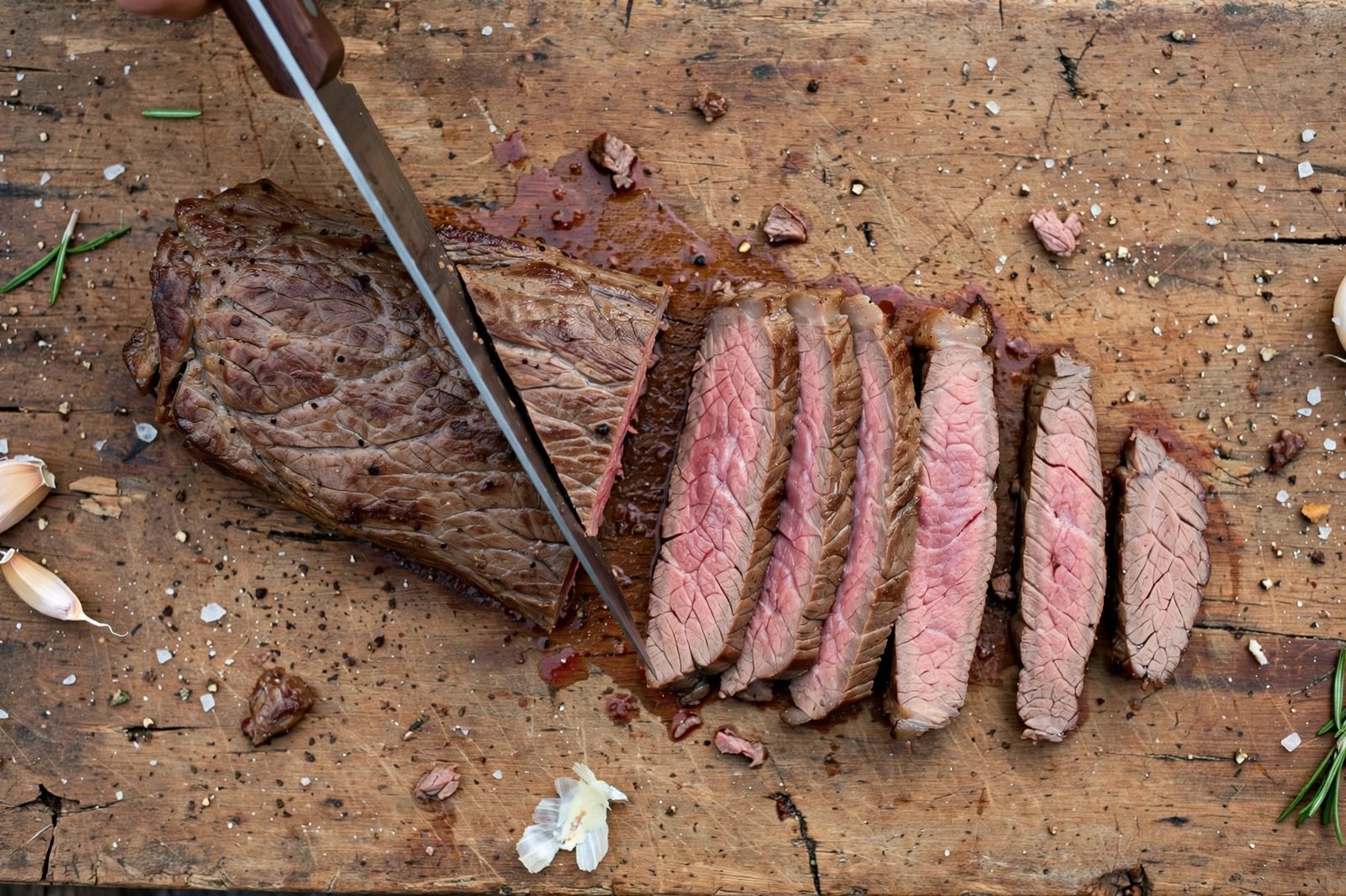 Flank steak being sliced thin against the grain on a cutting board