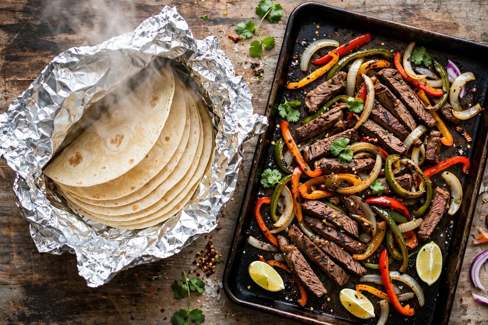 Foil packet of warm tortillas beside the finished sheet pan