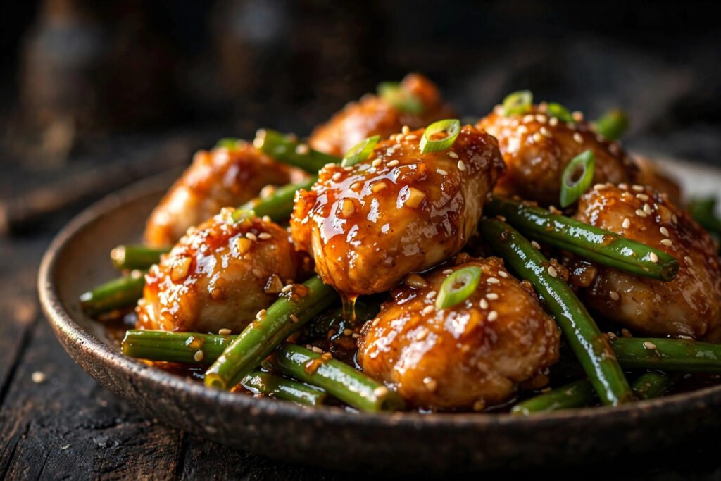 Close-up of glossy honey garlic chicken pieces and green beans coated in sticky sauce