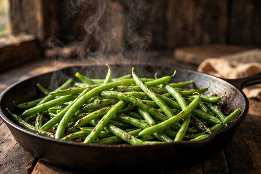 Bright green crisp-tender green beans cooking in a skillet with light steam
