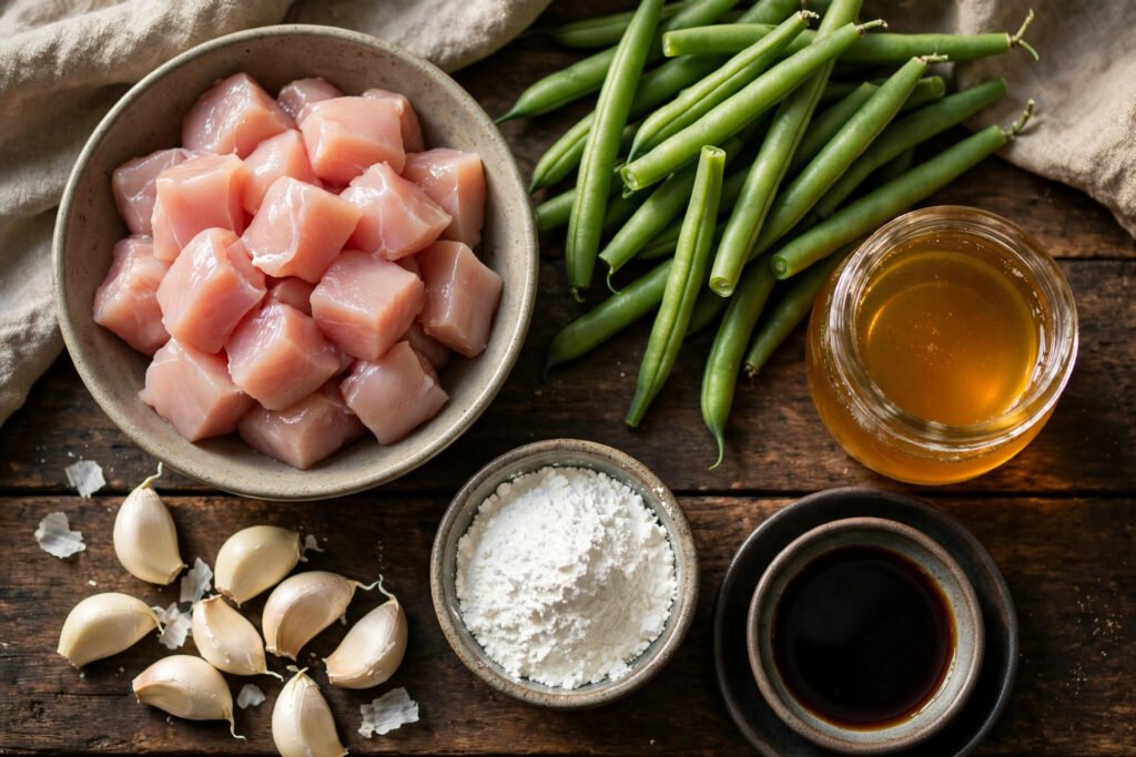 Flat lay of ingredients for honey garlic chicken and green beans: diced raw chicken, fresh green beans, honey, garlic, soy sauce, and cornstarch on a wooden table