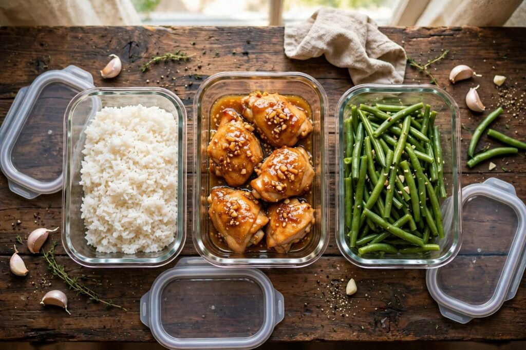 Glass meal-prep containers portioned with honey garlic chicken, green beans, and rice