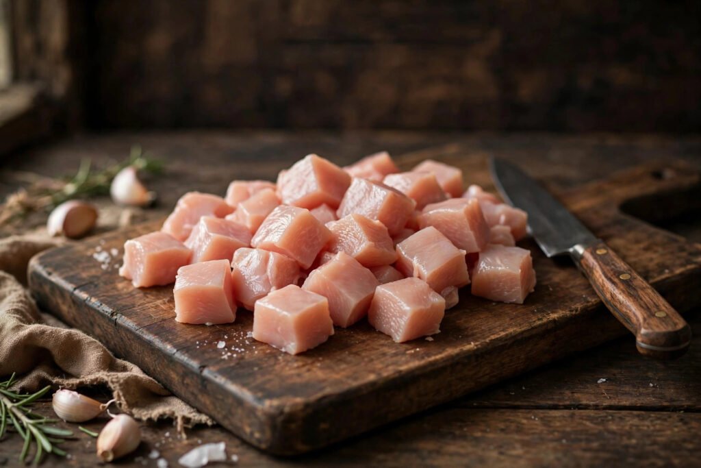 Diced raw chicken breast pieces in 1-inch cubes on a wooden cutting board with a chef's knife