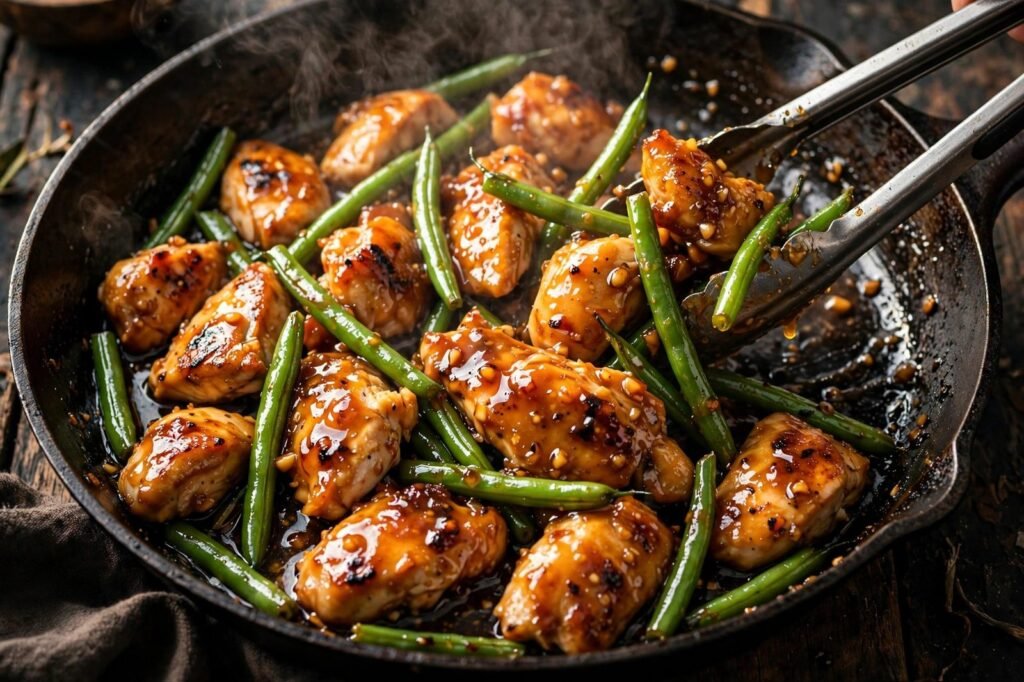 Glossy honey garlic sauce being tossed with seared chicken and green beans in a skillet, steam rising