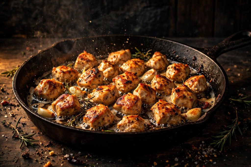 Bite-size chicken pieces searing with golden edges in a 12-inch skillet