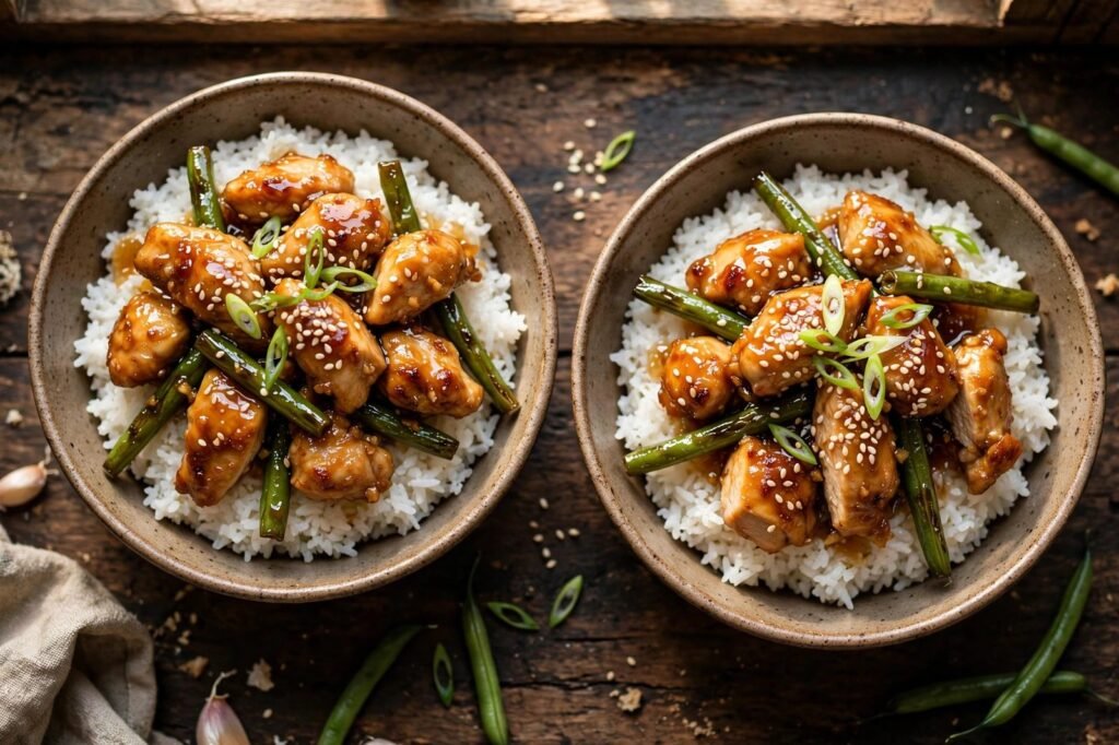 Two bowls of honey garlic chicken and green beans served over white rice, topped with sesame seeds and scallions
