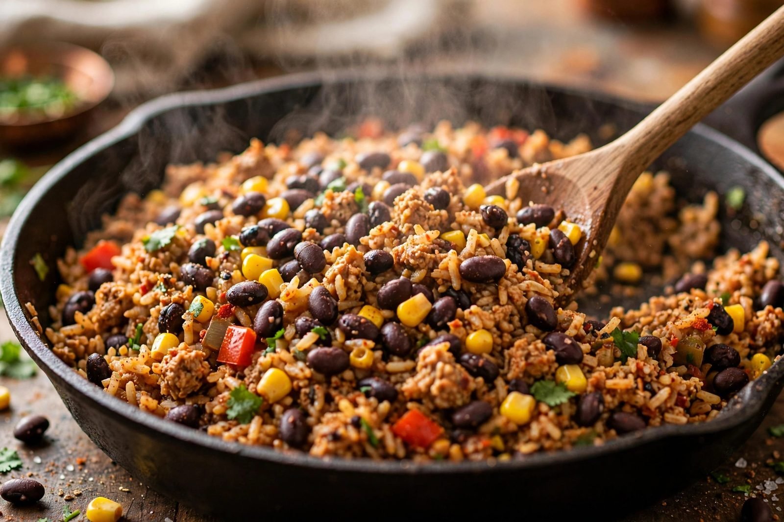 Black beans and corn stirred into the turkey taco skillet