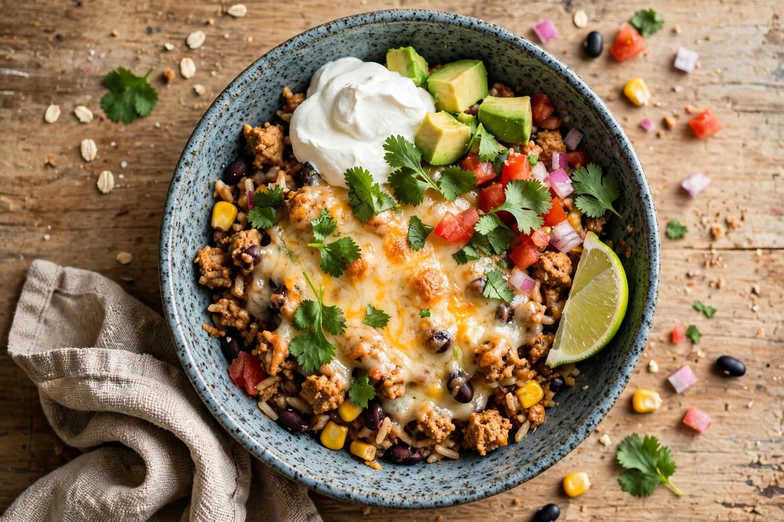Overhead of a turkey taco skillet bowl with colorful toppings