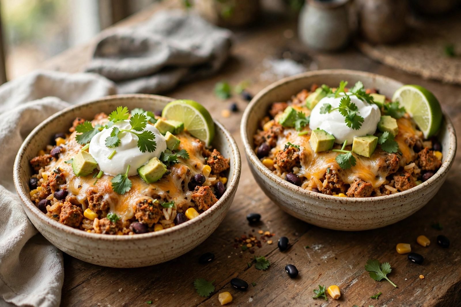 Two bowls of turkey taco skillet with sour cream, avocado, cilantro, and lime