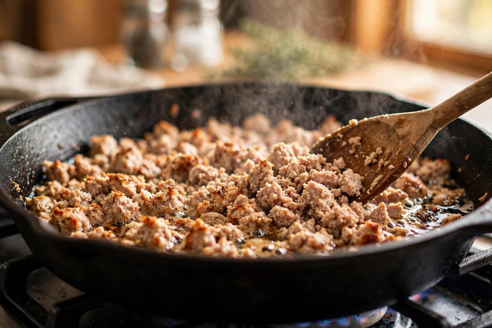 Ground turkey browning in a skillet, broken into crumbles with a wooden spoon