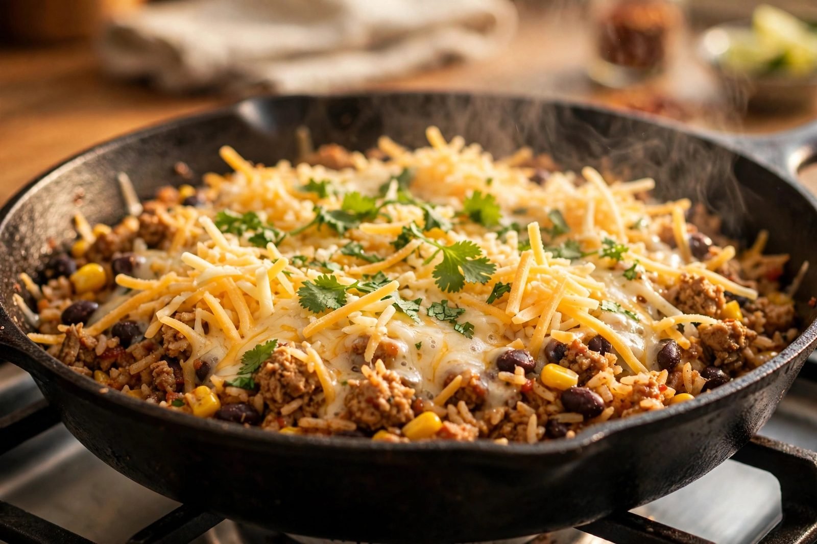 Shredded cheese melting over turkey taco skillet with cilantro