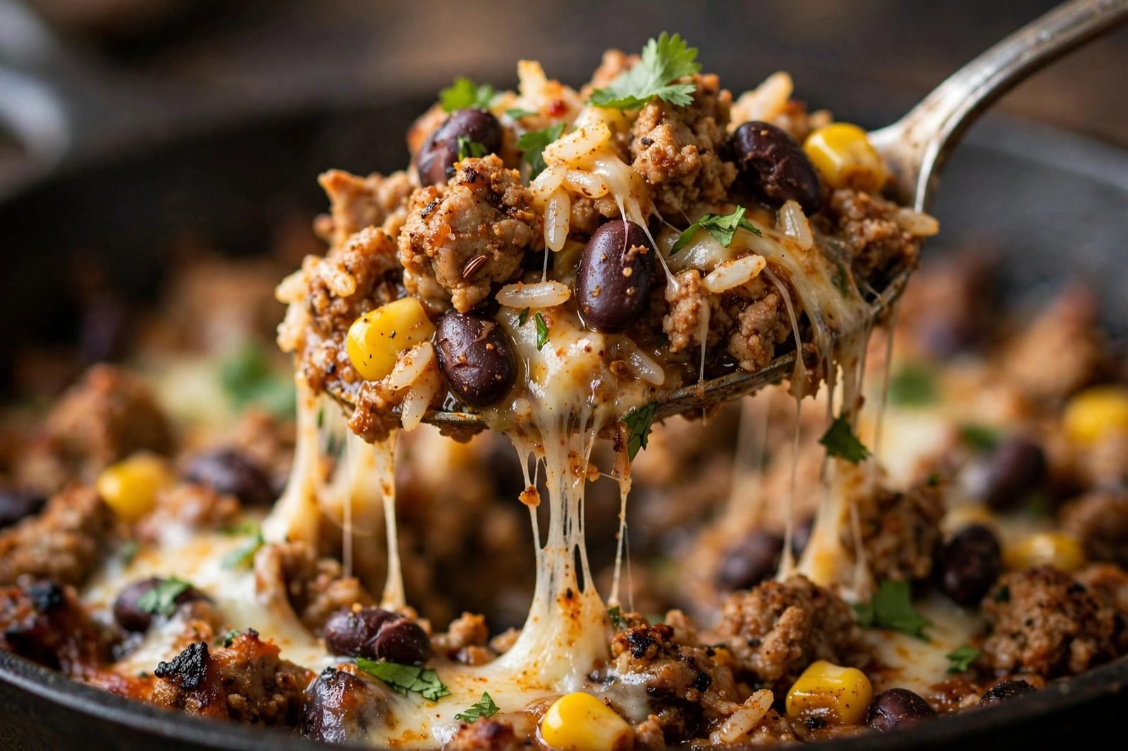 Close-up of a spoonful of turkey taco skillet showing turkey, rice, beans, and corn