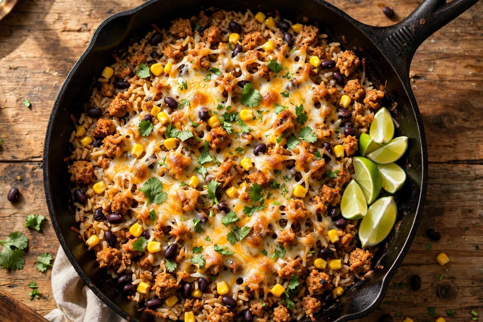 Turkey taco skillet with melted cheese, cilantro, and lime wedges in a cast-iron skillet