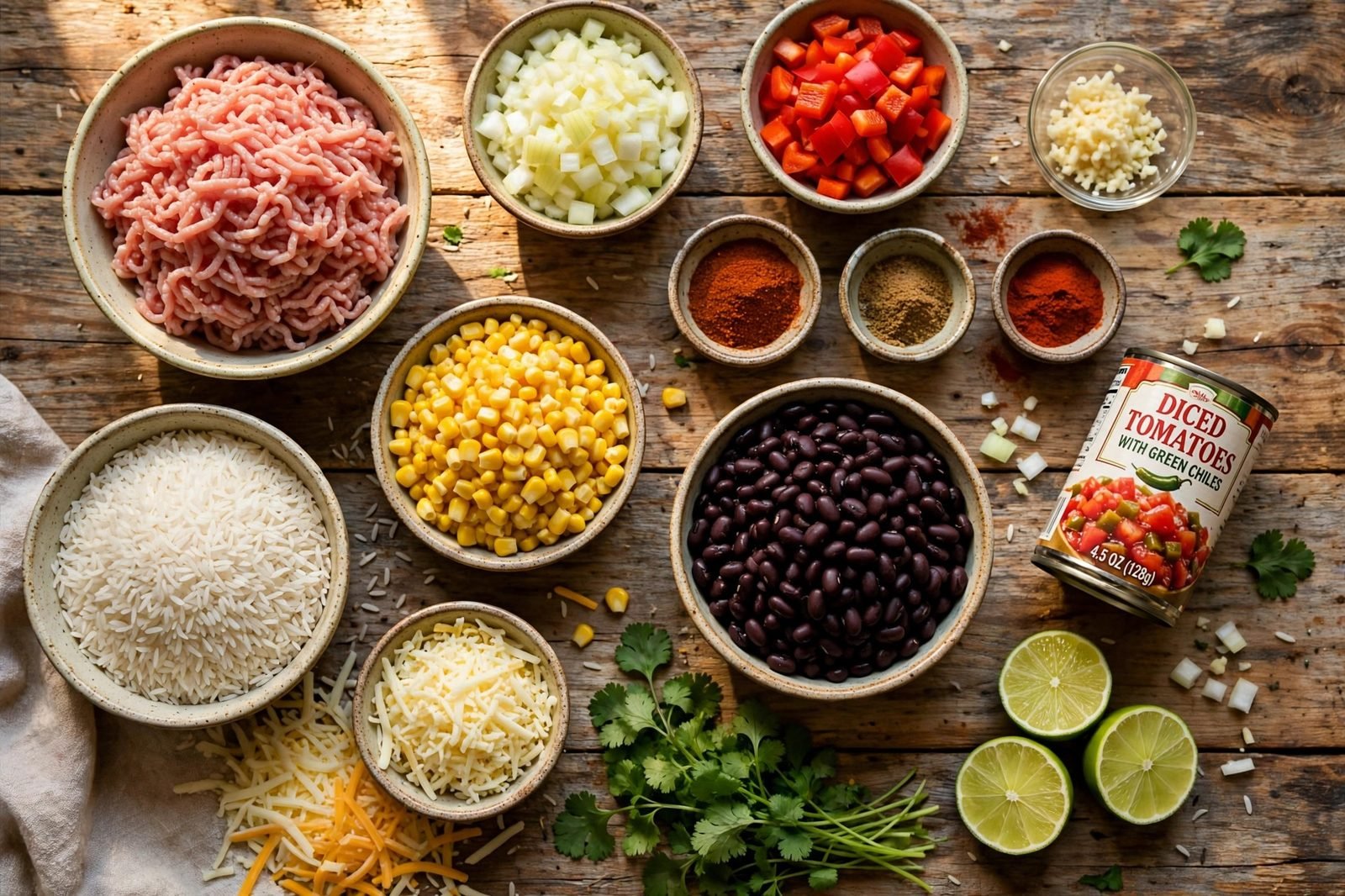 Ingredients for turkey taco skillet arranged on a wooden counter