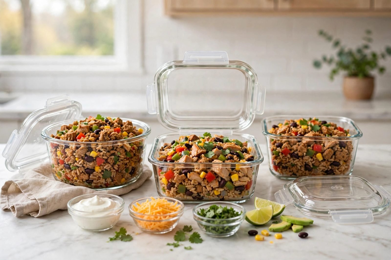 Glass meal-prep containers filled with turkey taco skillet