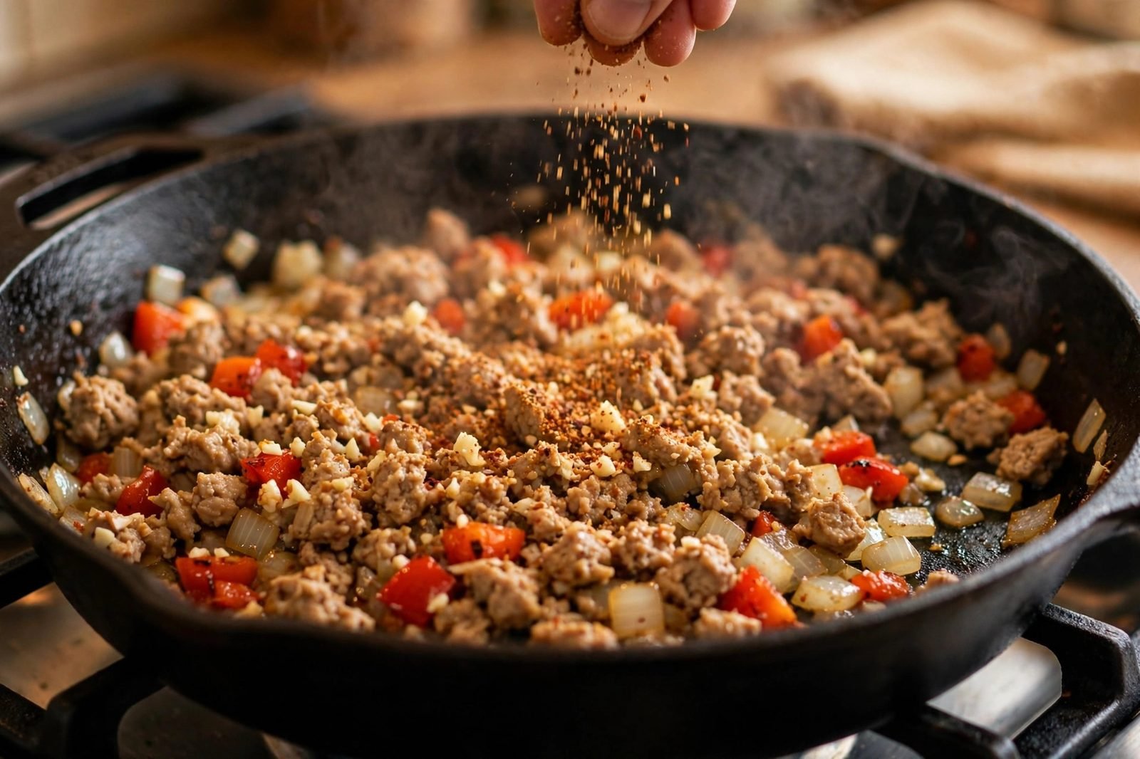 Diced onion and bell pepper sauteing with turkey as taco seasoning is sprinkled over