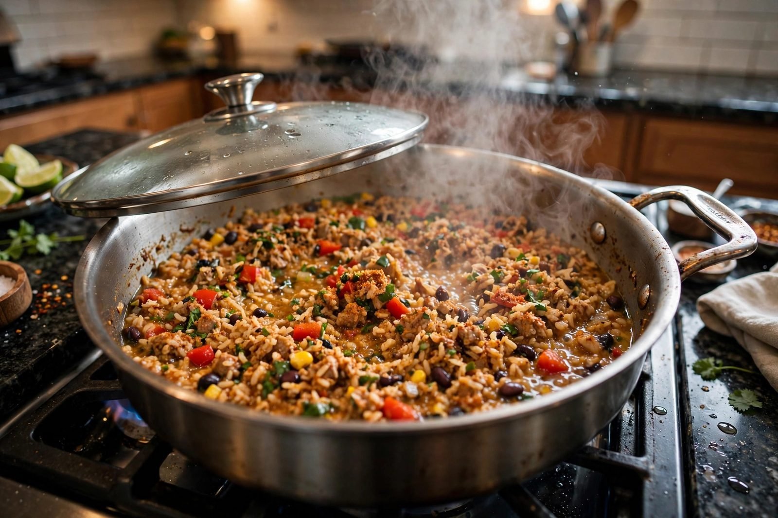 Turkey taco skillet simmering covered with steam rising