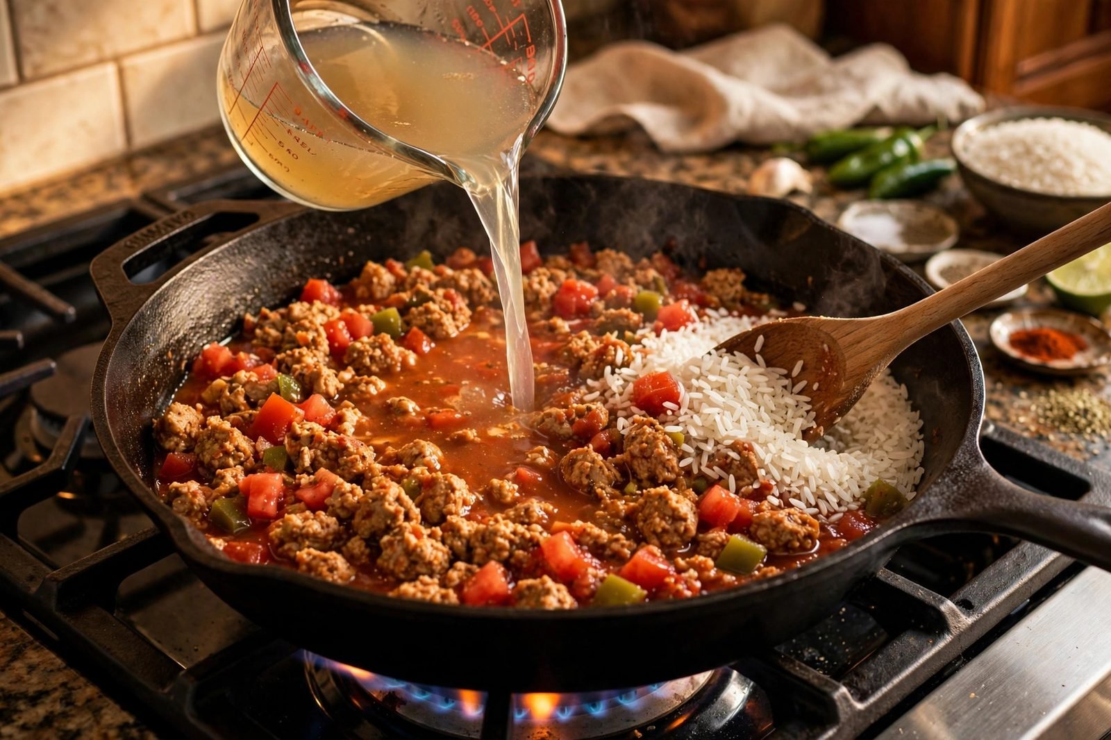 Diced tomatoes, chicken broth, and rice being stirred into the turkey skillet