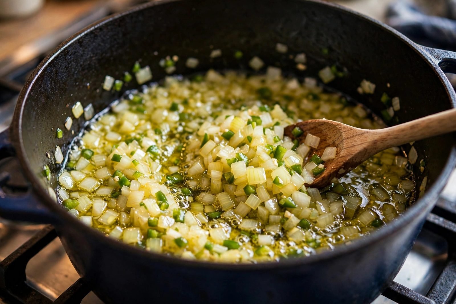 Diced onion and jalapeno sauteing in a Dutch oven