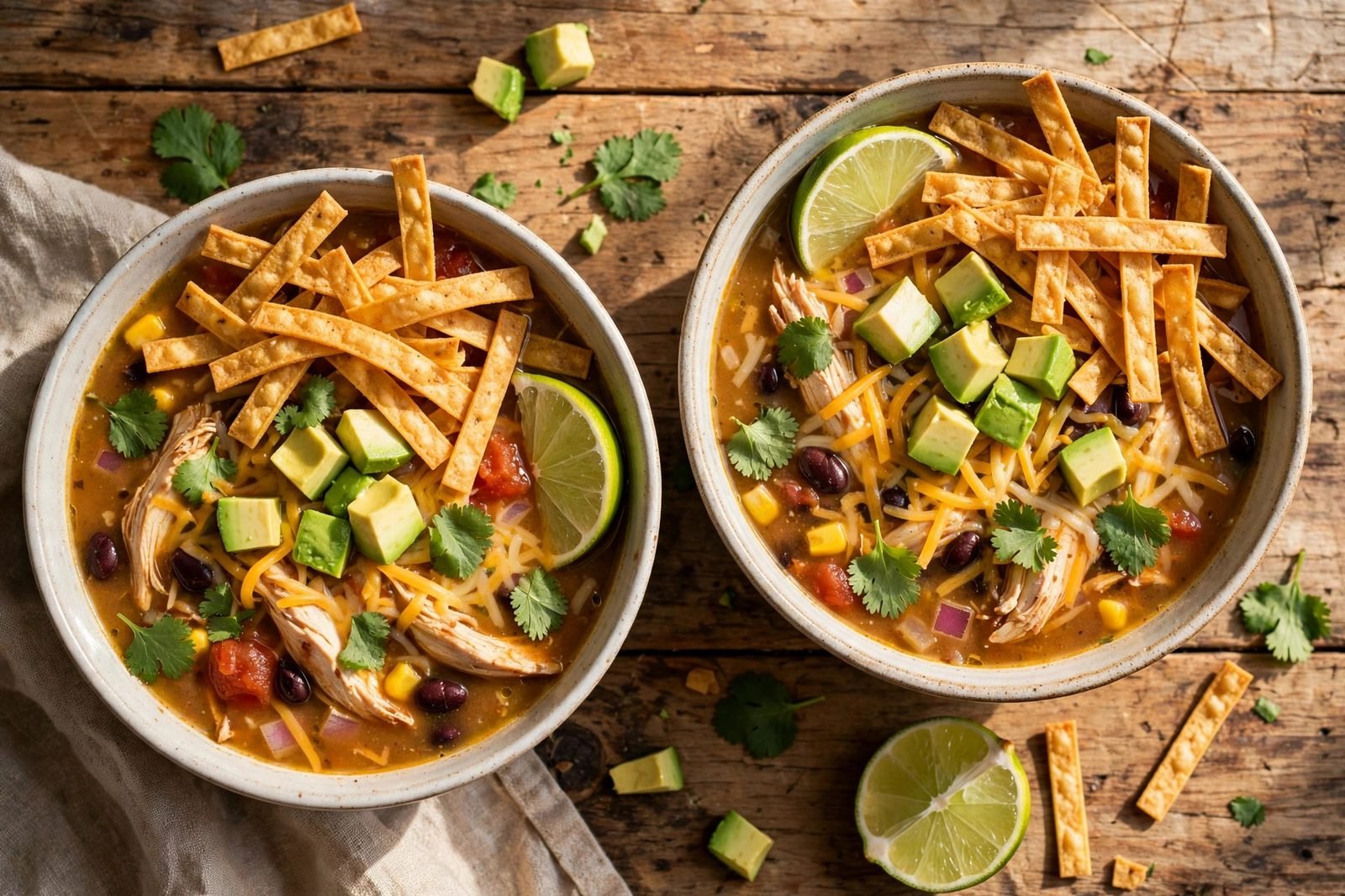 Two finished bowls of chicken tortilla soup with toppings on a table