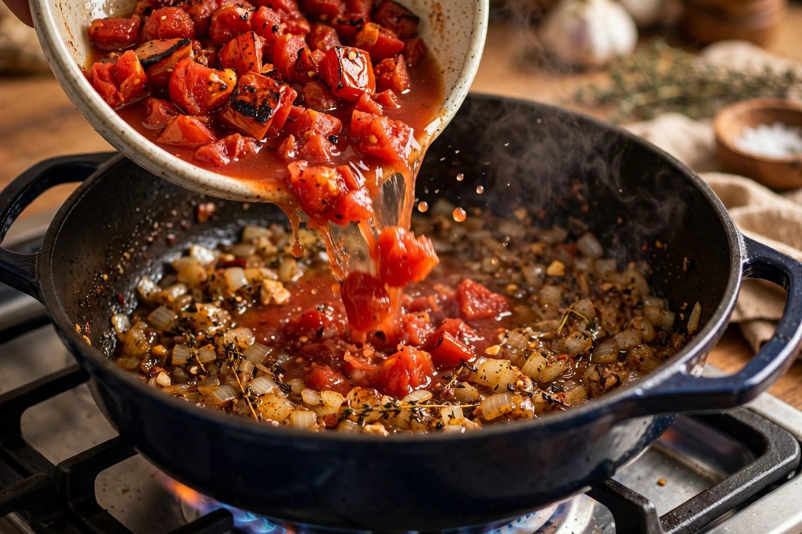 Fire-roasted tomatoes and chicken broth being poured into the Dutch oven